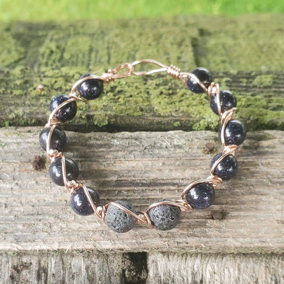 Copper Spiral Twist Wrap Blue Disco Sandstone Beads Lava Rock  Bangle Bracelet