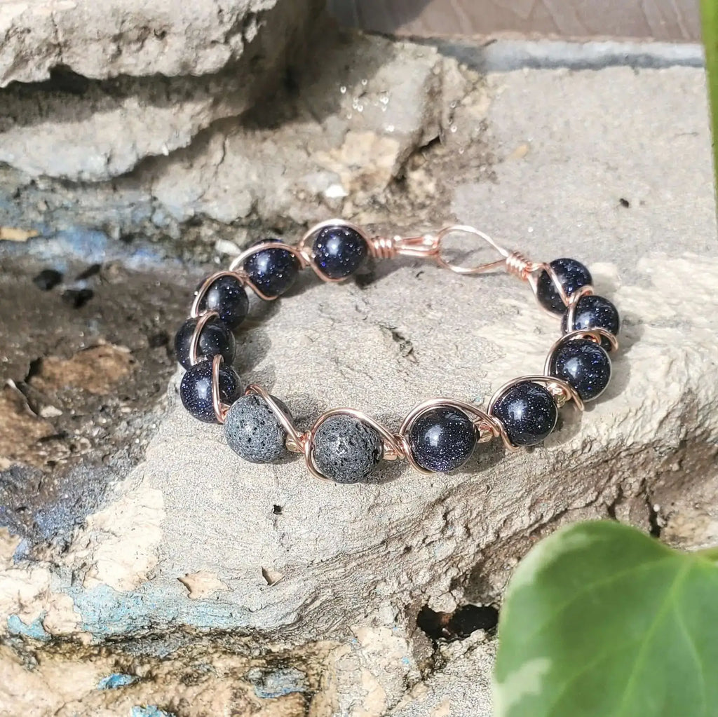 Copper Spiral Twist Wrap Blue Disco Sandstone Beads Lava Rock  Bangle Bracelet