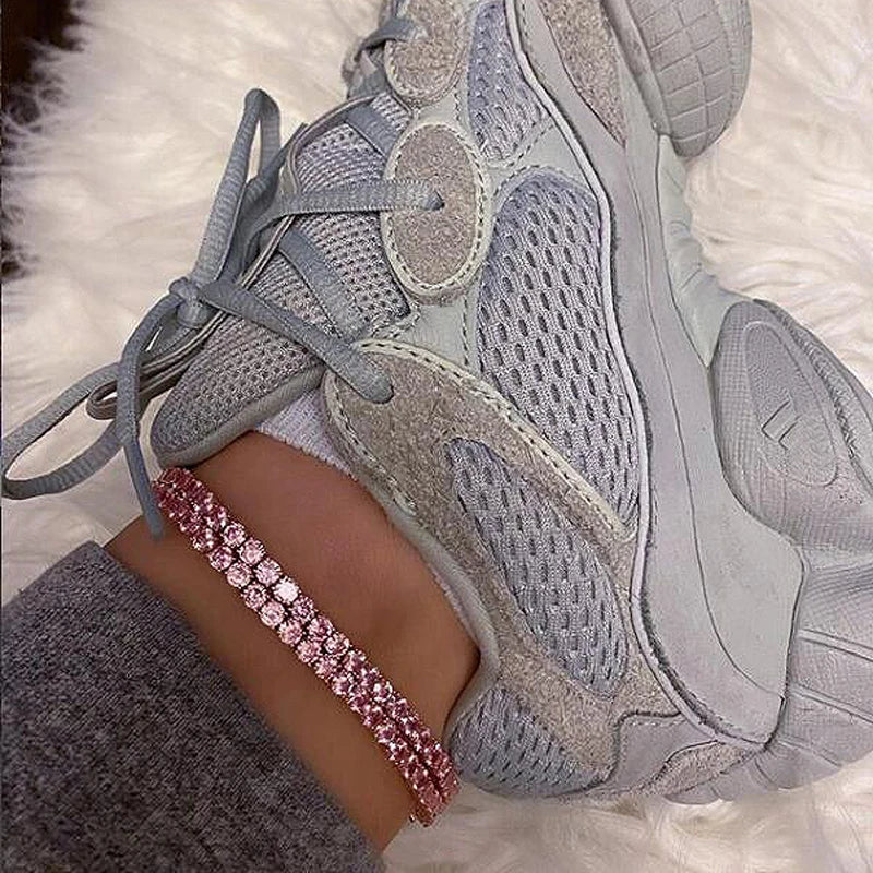 New 5A CZ Zircon Charm Anklet Iced Out Bling Rose Gold Silver Color Pink Cz 5mm Tennis Chain Anklets For Women Jewelry