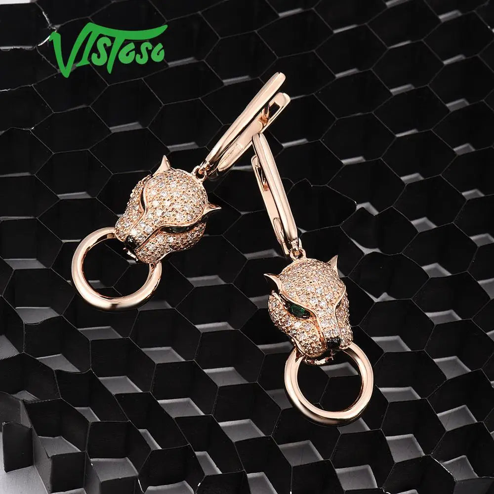 VISTOSO Gold Earrings For Women Genuine 14K 585 Rose Gold Leopard Earrings Emerald Sparkling Diamond Engagement Fine Jewelry