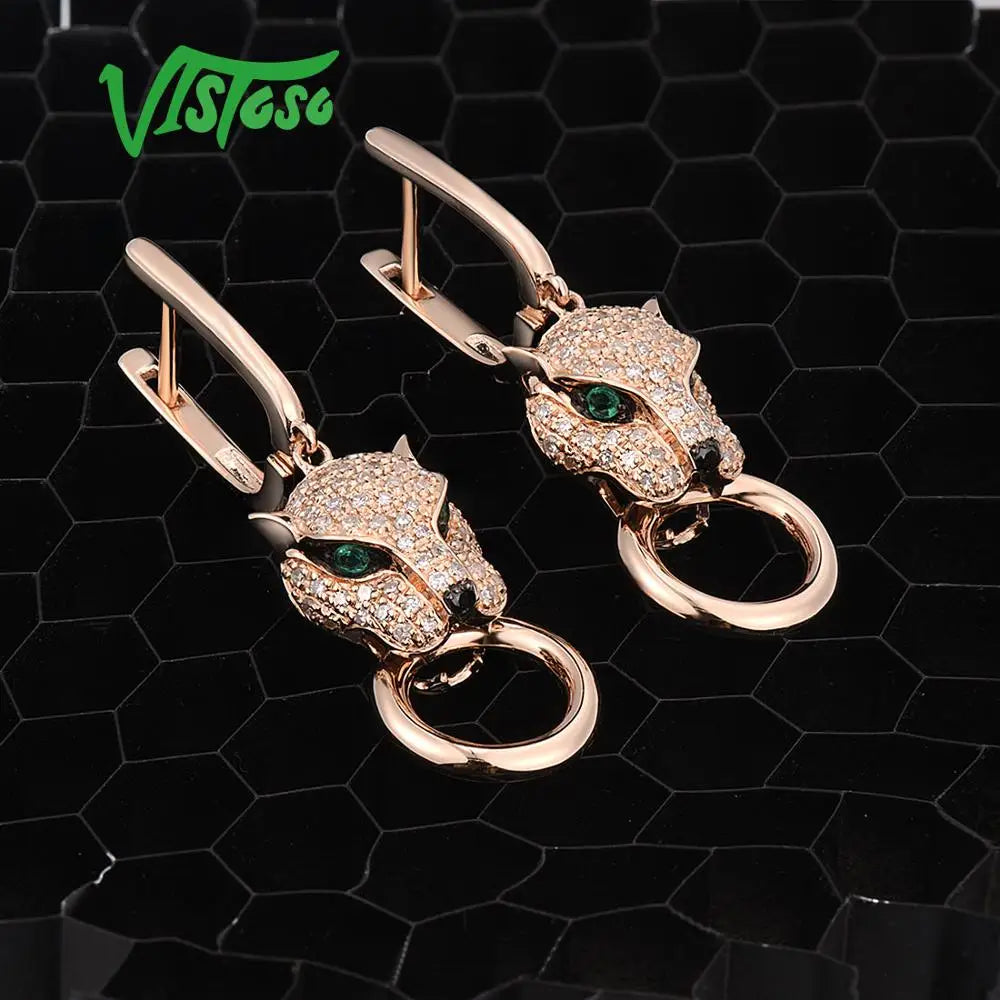 VISTOSO Gold Earrings For Women Genuine 14K 585 Rose Gold Leopard Earrings Emerald Sparkling Diamond Engagement Fine Jewelry