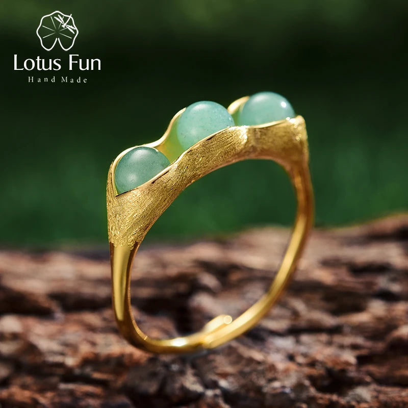 Lotus Fun Real 925 Sterling Silver 18K Gold Ring Handmade Fine Jewelry Natural Stones Creative Pea Pods Design Rings For Women