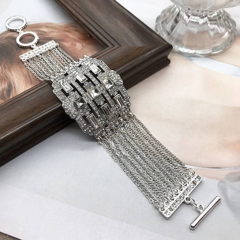 Wide Bracelets Blue Green Crystal Stones Multi Chains Bracelet For Women Party Wedding Jewelry