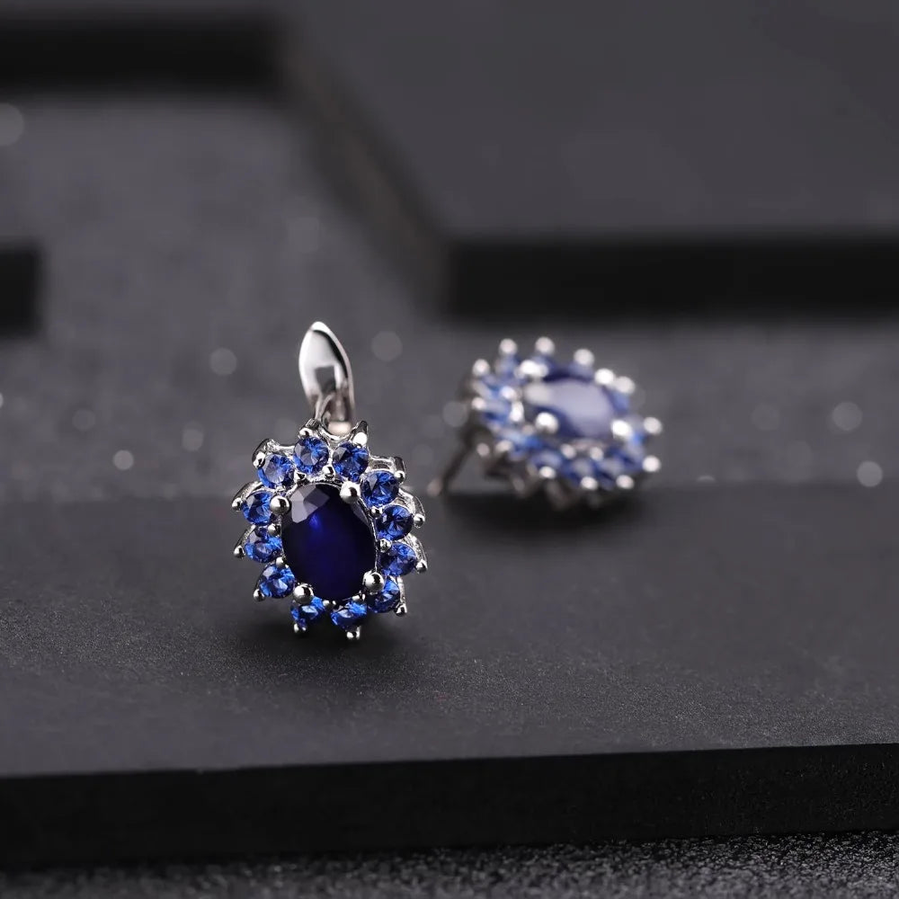 GEM'S BALLET Princess Diana Natural Blue Sapphire Pendant Earrings Ring Set 925 Sterling Silver Design Jewelry Set for Women