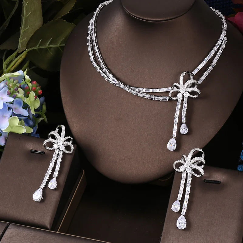Janekelly 2pcs Bridal Zirconia Full Jewelry Sets For Women Party, Luxury Dubai Nigeria CZ Crystal Wedding necklace sets