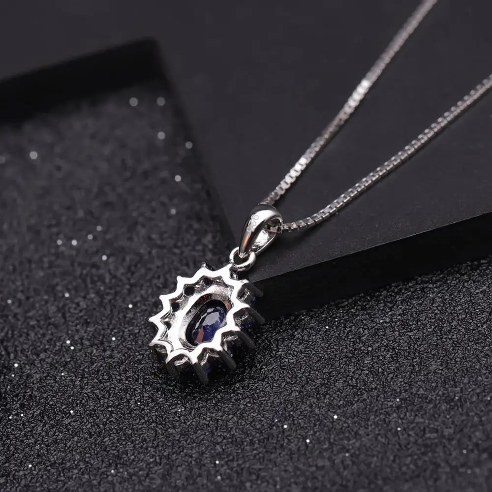 GEM'S BALLET Princess Diana Natural Blue Sapphire Pendant Earrings Ring Set 925 Sterling Silver Design Jewelry Set for Women