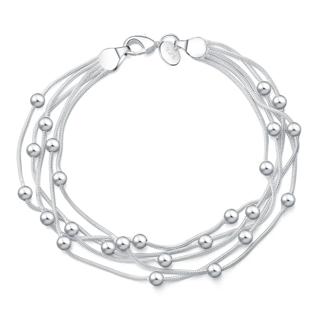 925 Delicate Silver Bracelet, 925 Sterling Silver Jewelry Five Line Beads Ball Bracelets Bangle for Women Pulseiras De Prata