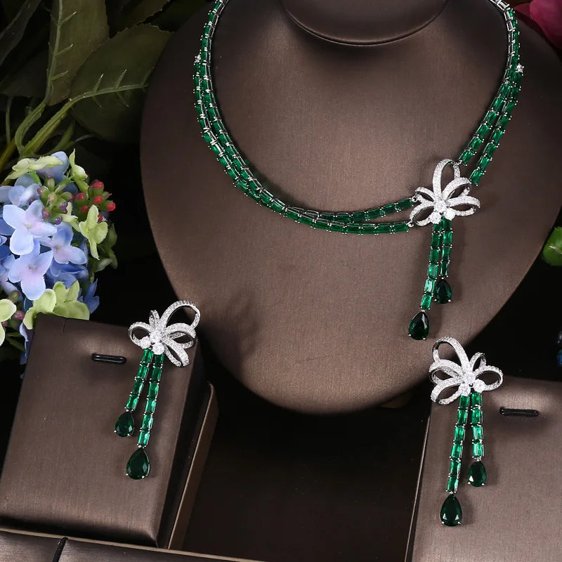 Janekelly 2pcs Bridal Zirconia Full Jewelry Sets For Women Party, Luxury Dubai Nigeria CZ Crystal Wedding necklace sets