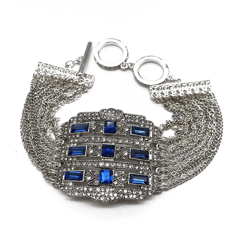 Wide Bracelets Blue Green Crystal Stones Multi Chains Bracelet For Women Party Wedding Jewelry