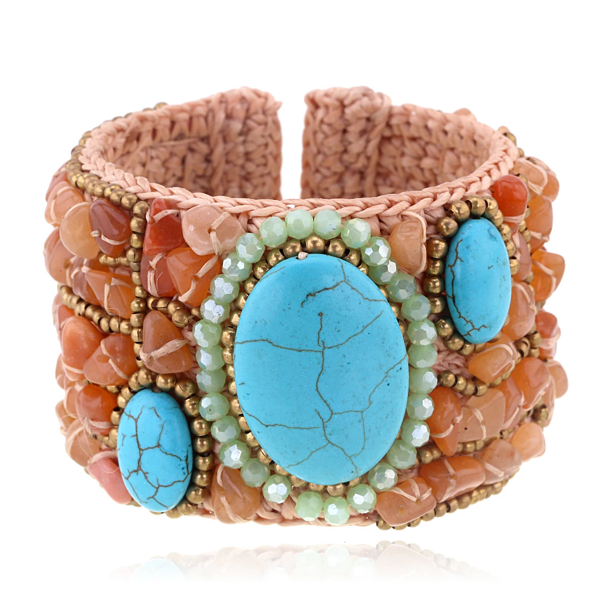 Bohemian Handmade Weaving Beaded Cuff Bracelet Bangle for Girls Women Trendy Natural Stones Crystal Flowers Statement Bracelet