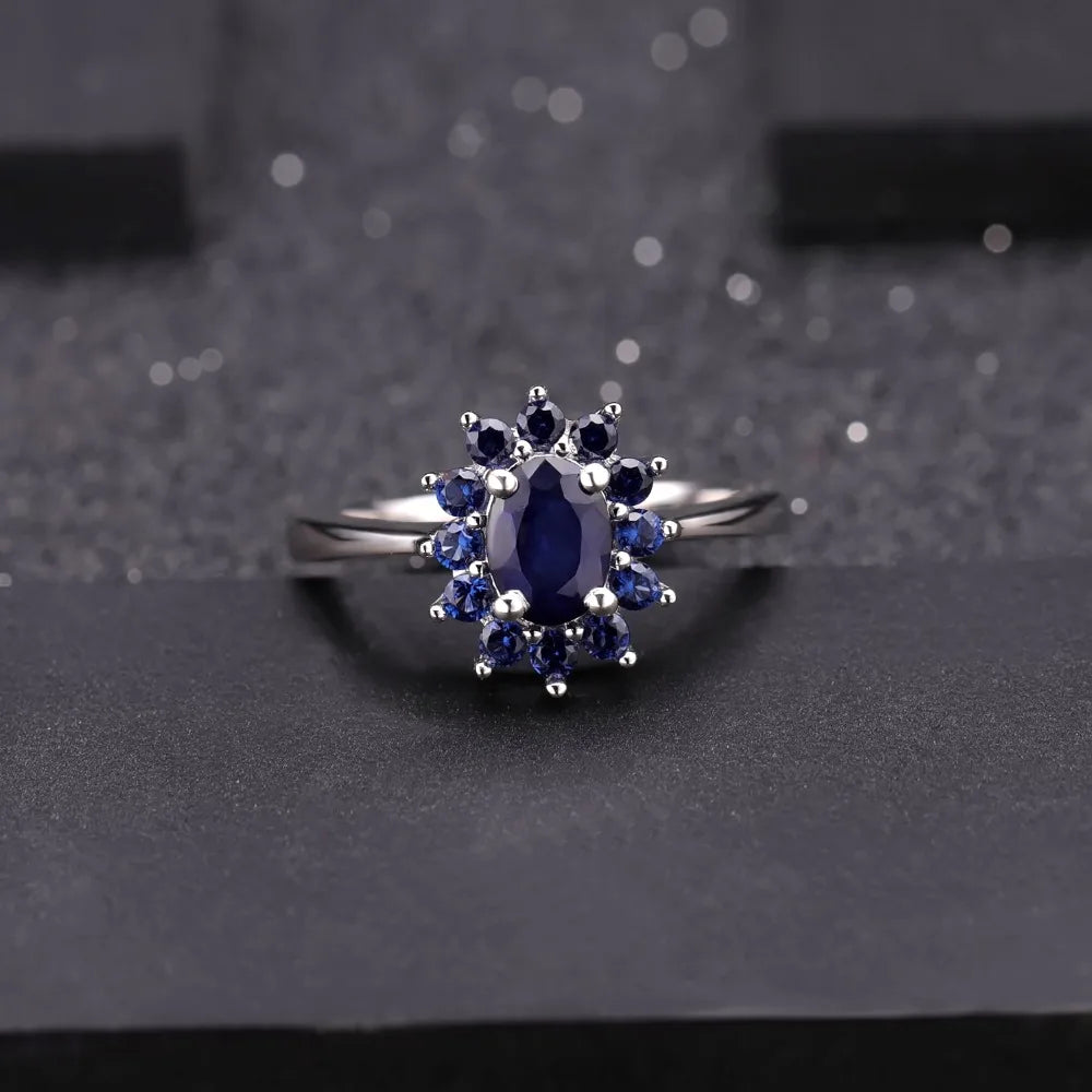 GEM'S BALLET Princess Diana Natural Blue Sapphire Pendant Earrings Ring Set 925 Sterling Silver Design Jewelry Set for Women