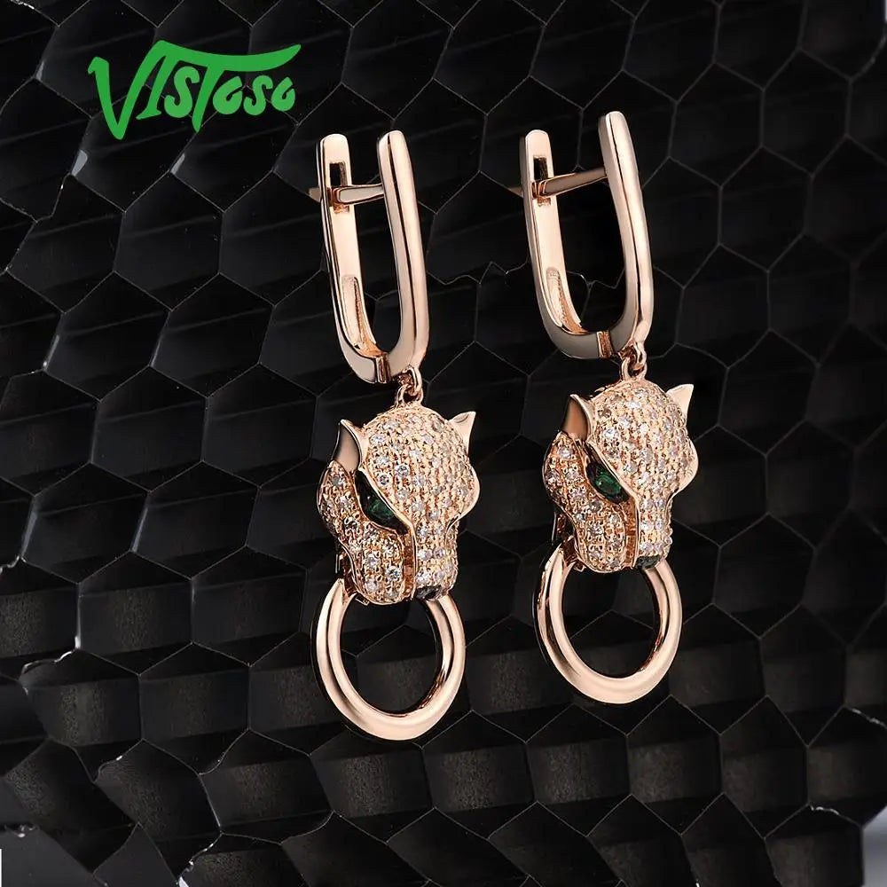 VISTOSO Gold Earrings For Women Genuine 14K 585 Rose Gold Leopard Earrings Emerald Sparkling Diamond Engagement Fine Jewelry