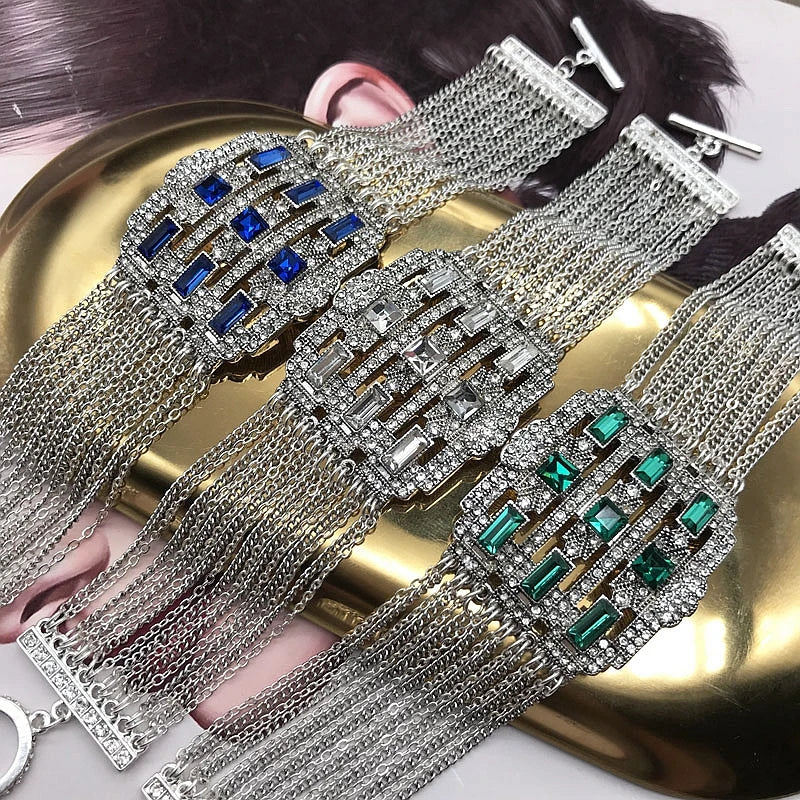 Wide Bracelets Blue Green Crystal Stones Multi Chains Bracelet For Women Party Wedding Jewelry