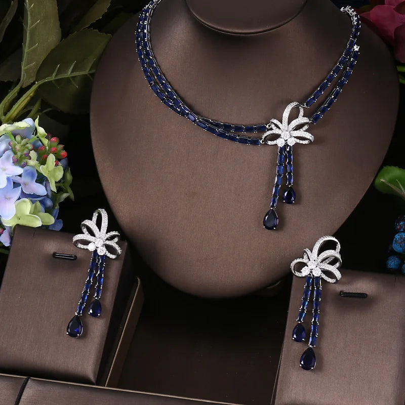 Janekelly 2pcs Bridal Zirconia Full Jewelry Sets For Women Party, Luxury Dubai Nigeria CZ Crystal Wedding necklace sets