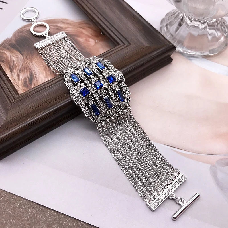 Wide Bracelets Blue Green Crystal Stones Multi Chains Bracelet For Women Party Wedding Jewelry