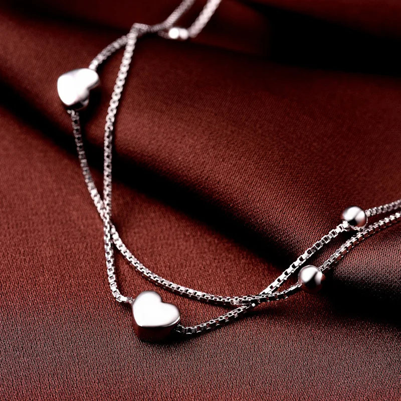 Solid Silver 100% 925 Sterling Silver Anklet Women's Double Love Anklets Luxury Jewelry