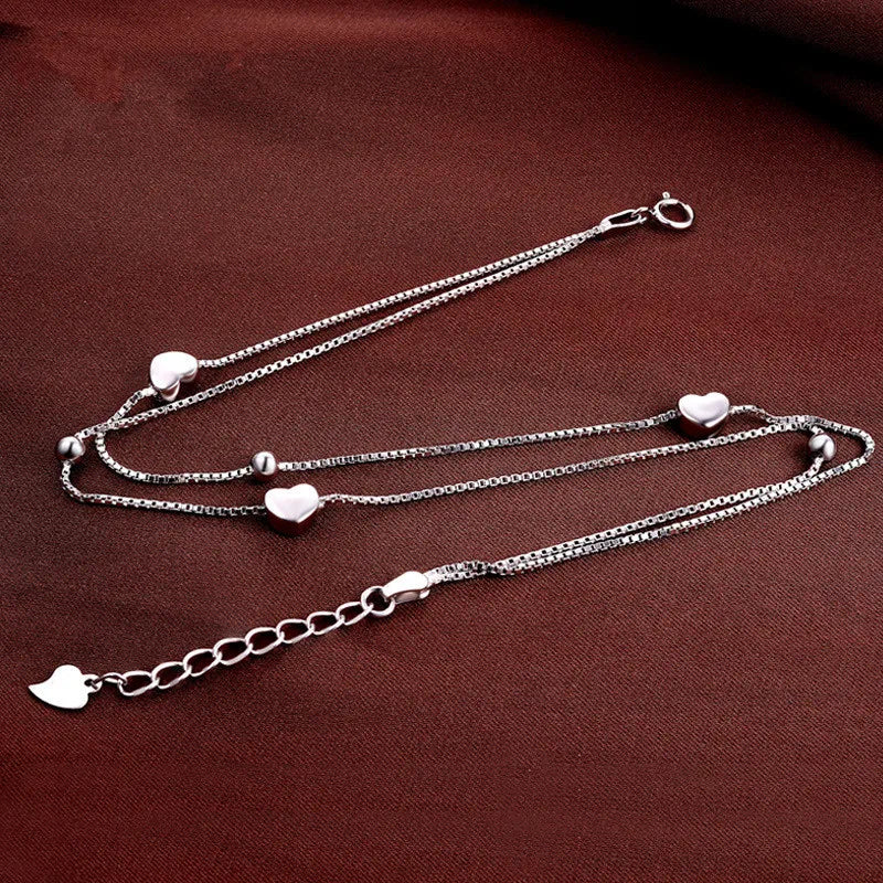 Solid Silver 100% 925 Sterling Silver Anklet Women's Double Love Anklets Luxury Jewelry