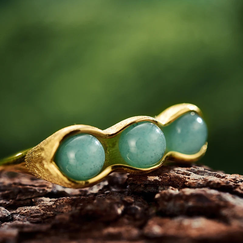 Lotus Fun Real 925 Sterling Silver 18K Gold Ring Handmade Fine Jewelry Natural Stones Creative Pea Pods Design Rings For Women