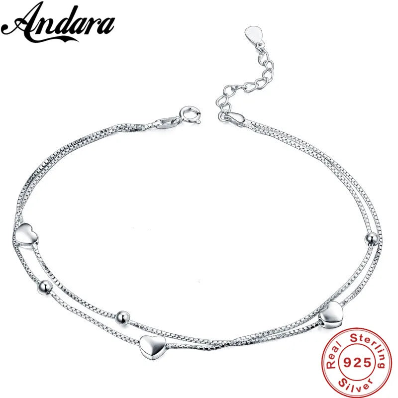 Solid Silver 100% 925 Sterling Silver Anklet Women's Double Love Anklets Luxury Jewelry