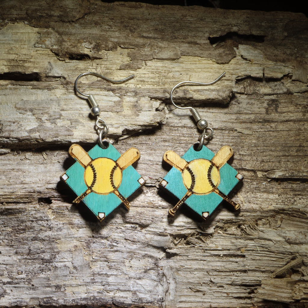 Hand-Painted Softball Field Wooden Dangle Earrings