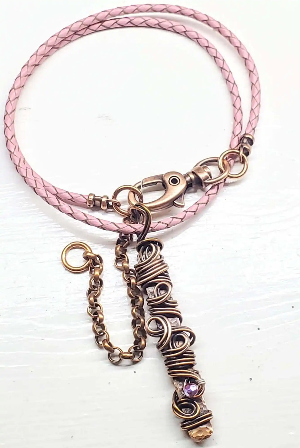 Handmade Wire Sculpted Ribbon Pink Crystal Copper Bar Pendant Necklace