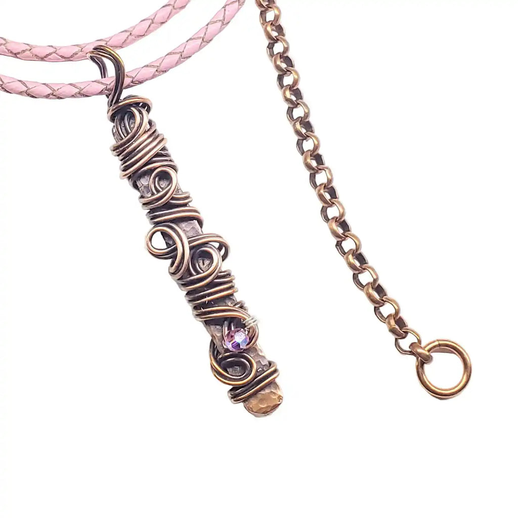 Handmade Wire Sculpted Ribbon Pink Crystal Copper Bar Pendant Necklace
