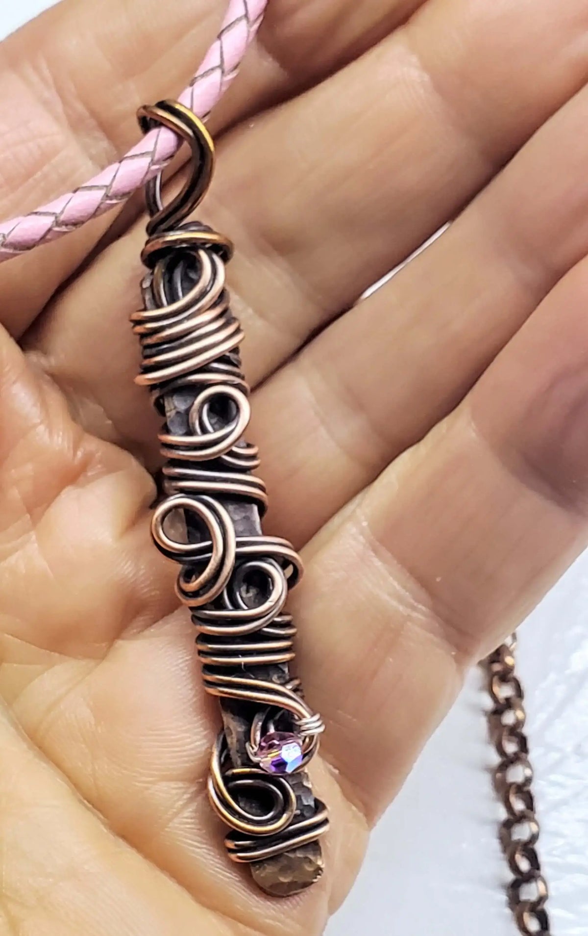 Handmade Wire Sculpted Ribbon Pink Crystal Copper Bar Pendant Necklace