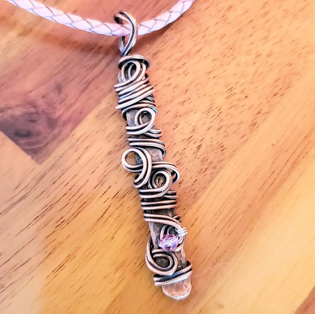 Handmade Wire Sculpted Ribbon Pink Crystal Copper Bar Pendant Necklace