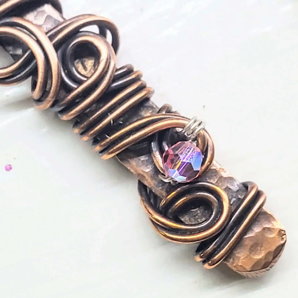 Handmade Wire Sculpted Ribbon Pink Crystal Copper Bar Pendant Necklace