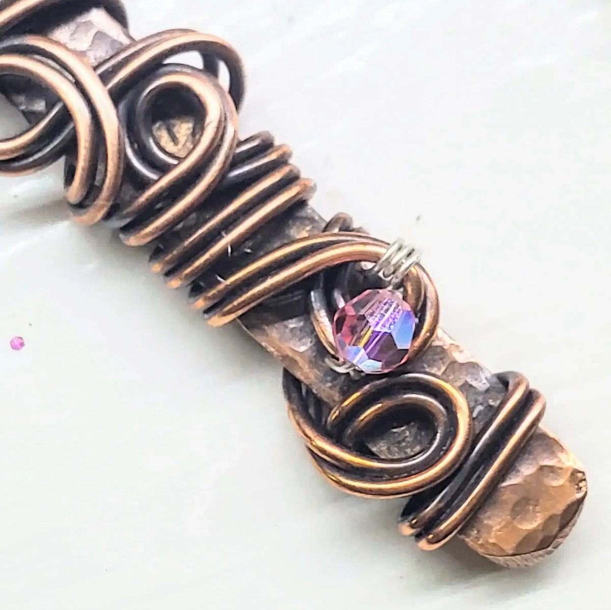 Handmade Wire Sculpted Ribbon Pink Crystal Copper Bar Pendant Necklace