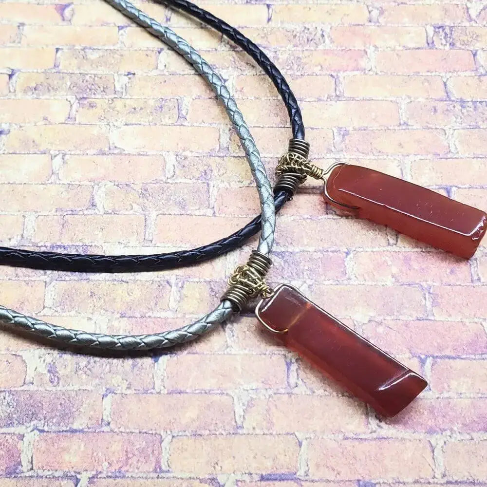 Handmade Raw Red Agate Bolo Necklace — Wire Wrapped, Braided Leather, Gold & Silver
