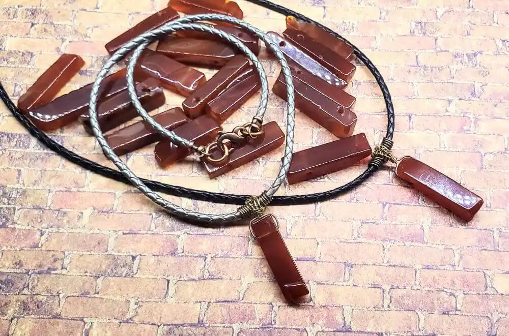 Handmade Raw Red Agate Bolo Necklace — Wire Wrapped, Braided Leather, Gold & Silver
