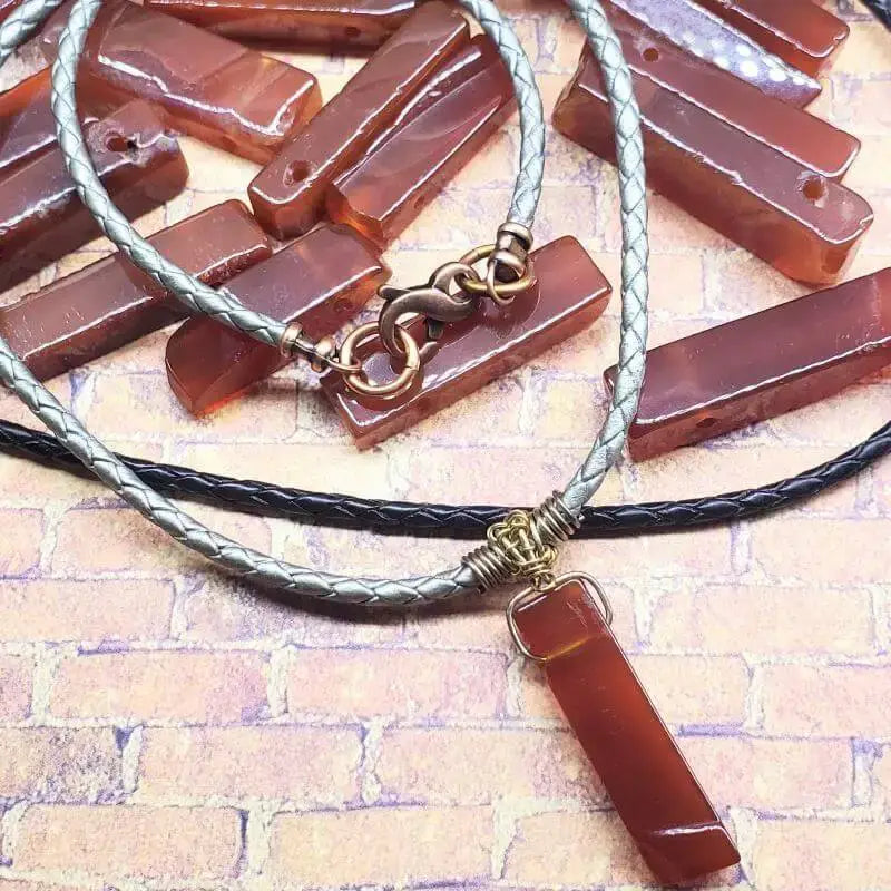 Handmade Raw Red Agate Bolo Necklace — Wire Wrapped, Braided Leather, Gold & Silver