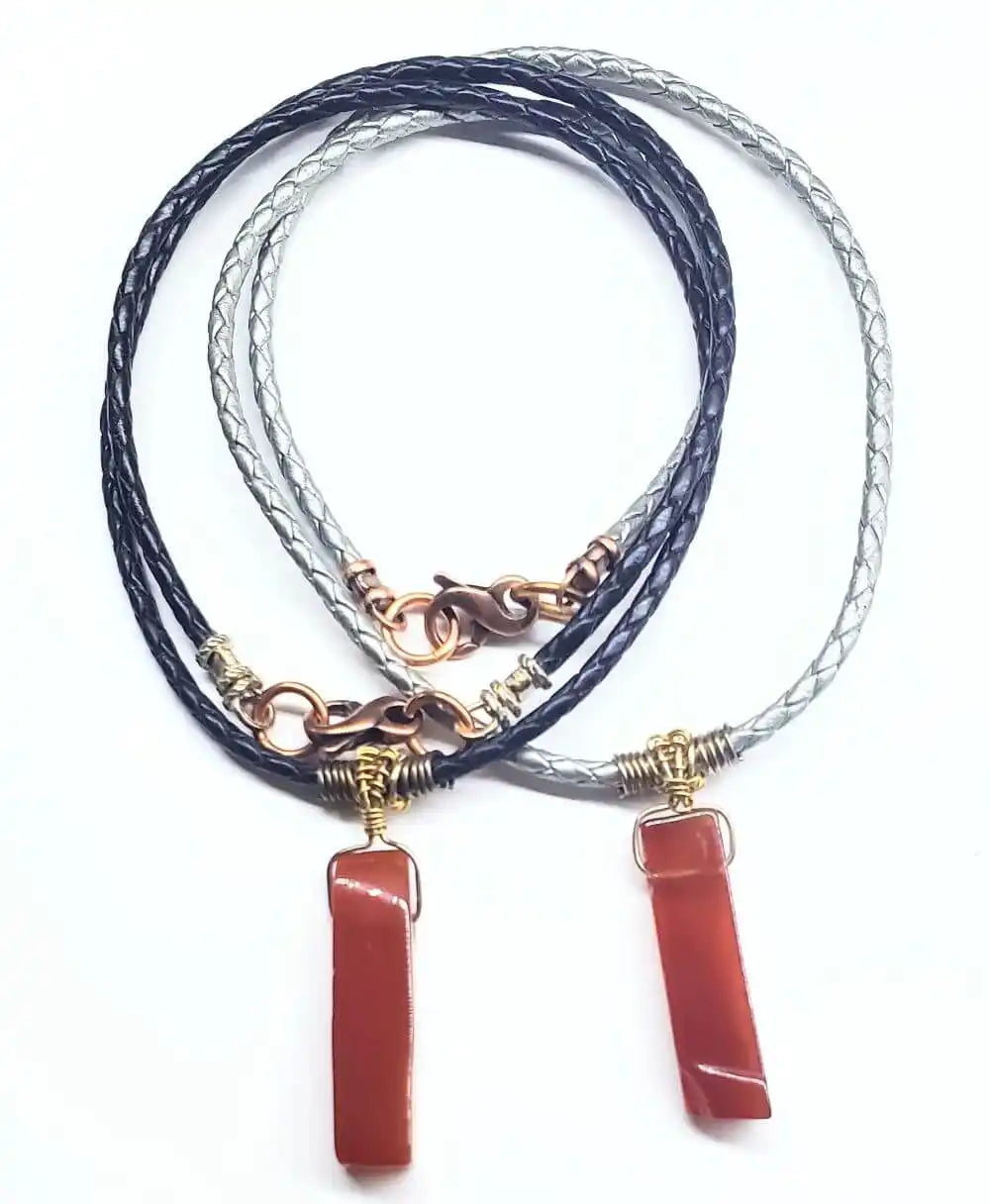 Handmade Raw Red Agate Bolo Necklace — Wire Wrapped, Braided Leather, Gold & Silver