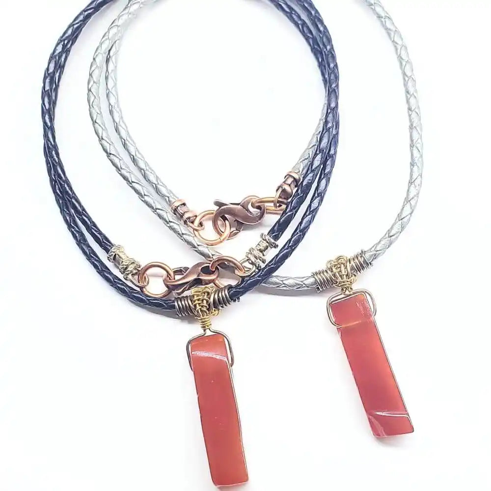 Handmade Raw Red Agate Bolo Necklace — Wire Wrapped, Braided Leather, Gold & Silver