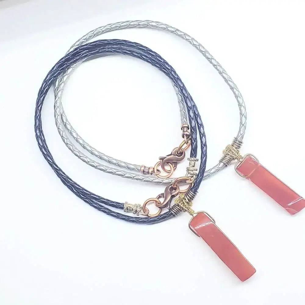 Handmade Raw Red Agate Bolo Necklace — Wire Wrapped, Braided Leather, Gold & Silver