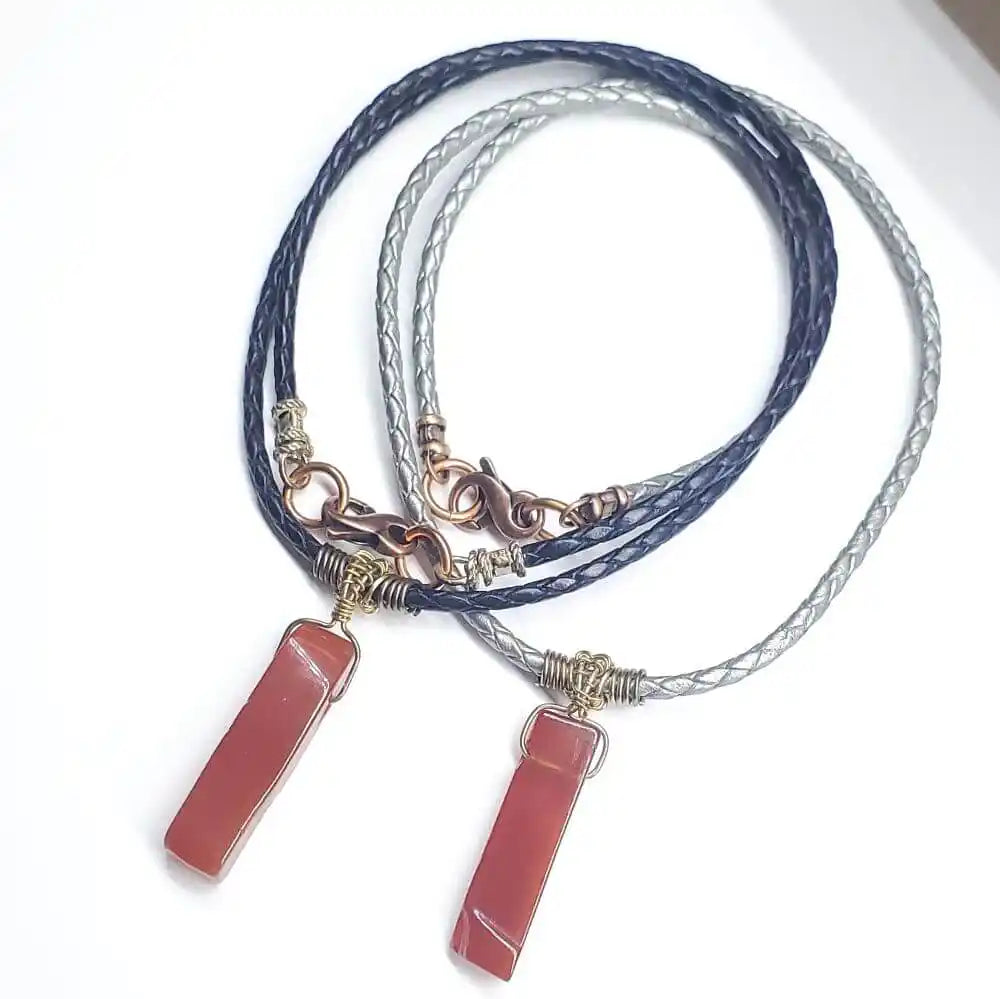 Handmade Raw Red Agate Bolo Necklace — Wire Wrapped, Braided Leather, Gold & Silver