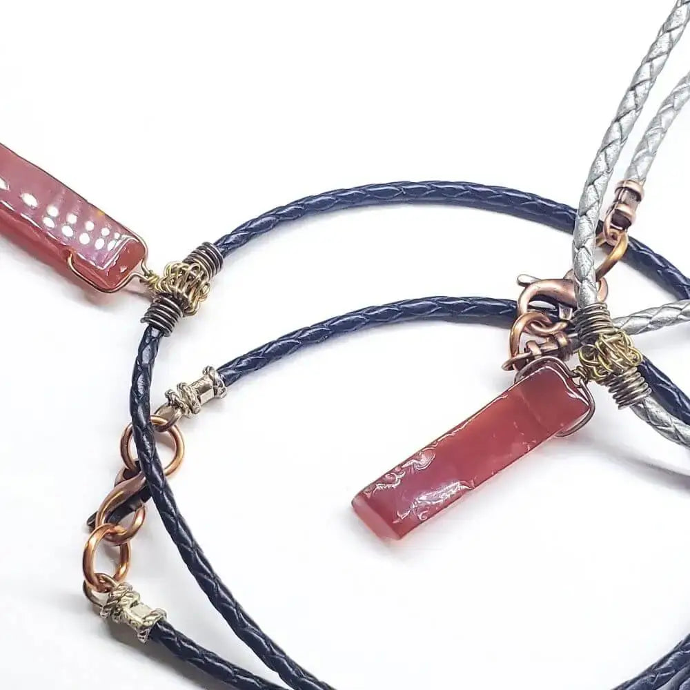 Handmade Raw Red Agate Bolo Necklace — Wire Wrapped, Braided Leather, Gold & Silver