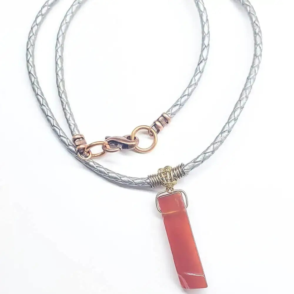 Handmade Raw Red Agate Bolo Necklace — Wire Wrapped, Braided Leather, Gold & Silver