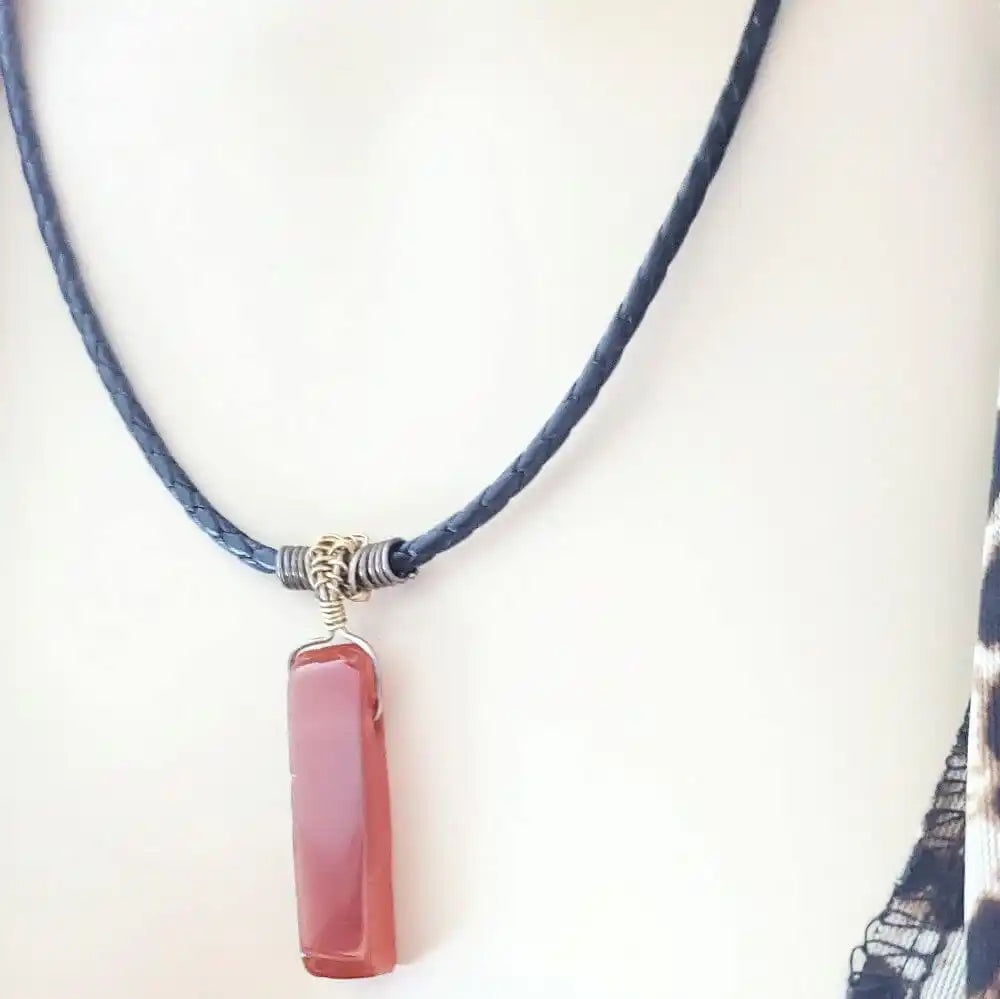 Handmade Raw Red Agate Bolo Necklace — Wire Wrapped, Braided Leather, Gold & Silver