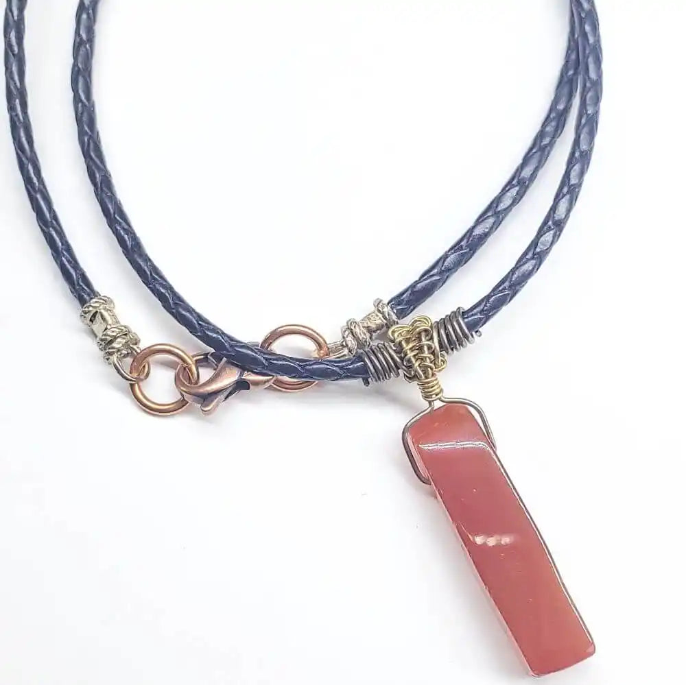 Handmade Raw Red Agate Bolo Necklace — Wire Wrapped, Braided Leather, Gold & Silver