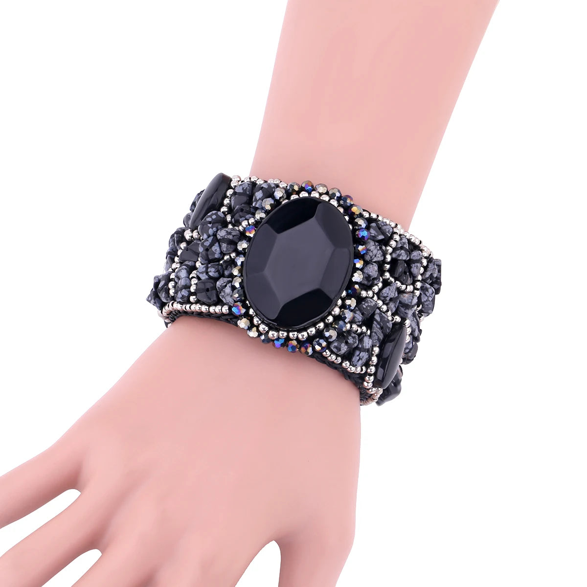 Bohemian Handmade Weaving Beaded Cuff Bracelet Bangle for Girls Women Trendy Natural Stones Crystal Flowers Statement Bracelet