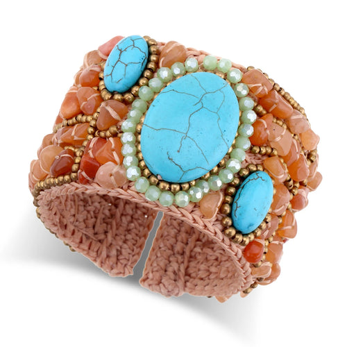 Bohemian Handmade Weaving Beaded Cuff Bracelet Bangle for Girls Women Trendy Natural Stones Crystal Flowers Statement Bracelet