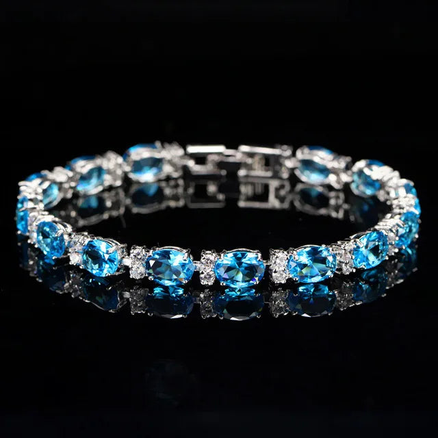 Pera Fashion Summer Style Light Blue Crystal Tennis Bangles for Women Silver Color Big Round Cubic Zirconia Link Bracelets B107