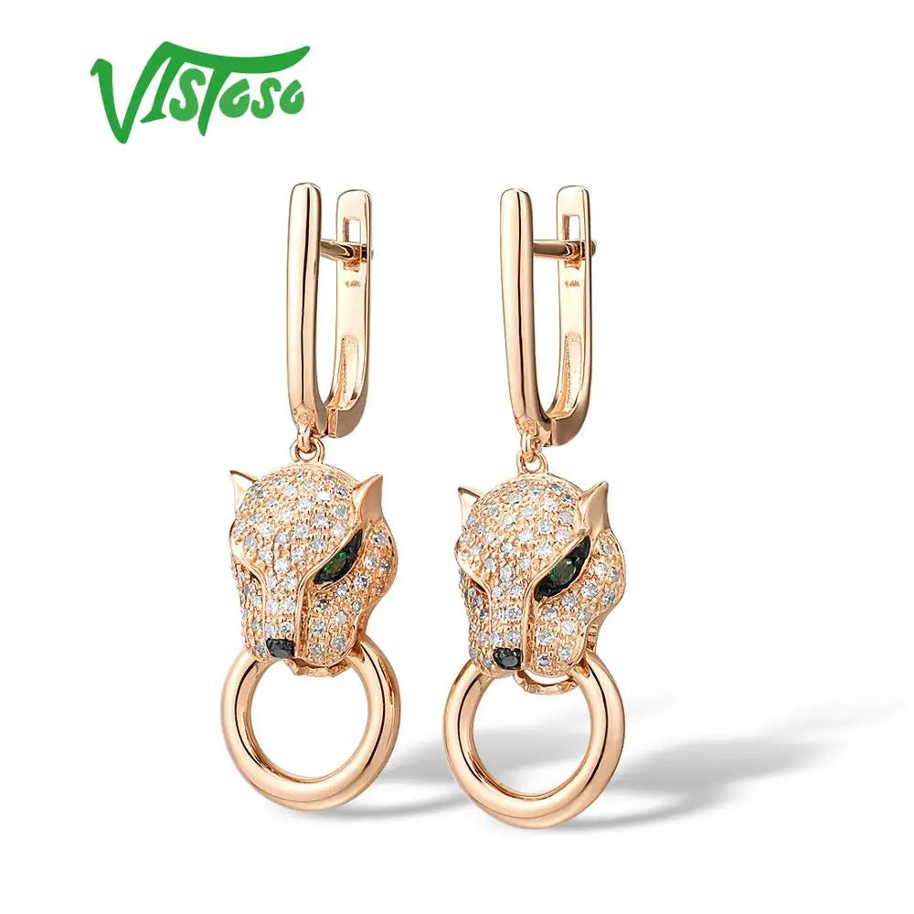 VISTOSO Gold Earrings For Women Genuine 14K 585 Rose Gold Leopard Earrings Emerald Sparkling Diamond Engagement Fine Jewelry