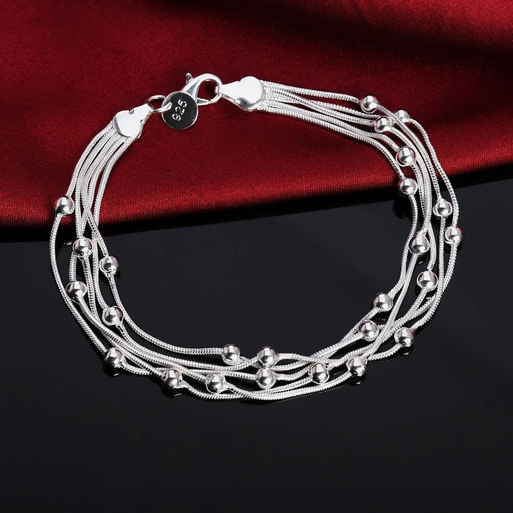 925 Delicate Silver Bracelet, 925 Sterling Silver Jewelry Five Line Beads Ball Bracelets Bangle for Women Pulseiras De Prata