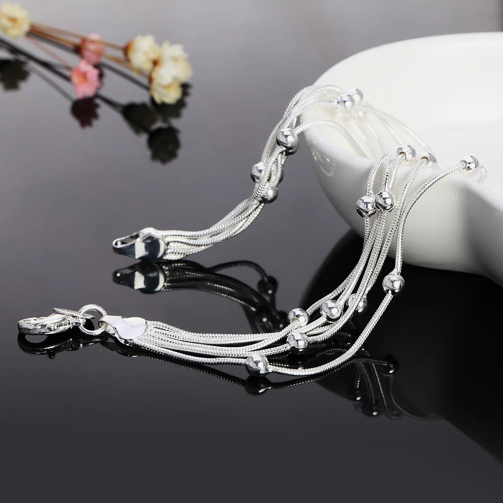 925 Delicate Silver Bracelet, 925 Sterling Silver Jewelry Five Line Beads Ball Bracelets Bangle for Women Pulseiras De Prata
