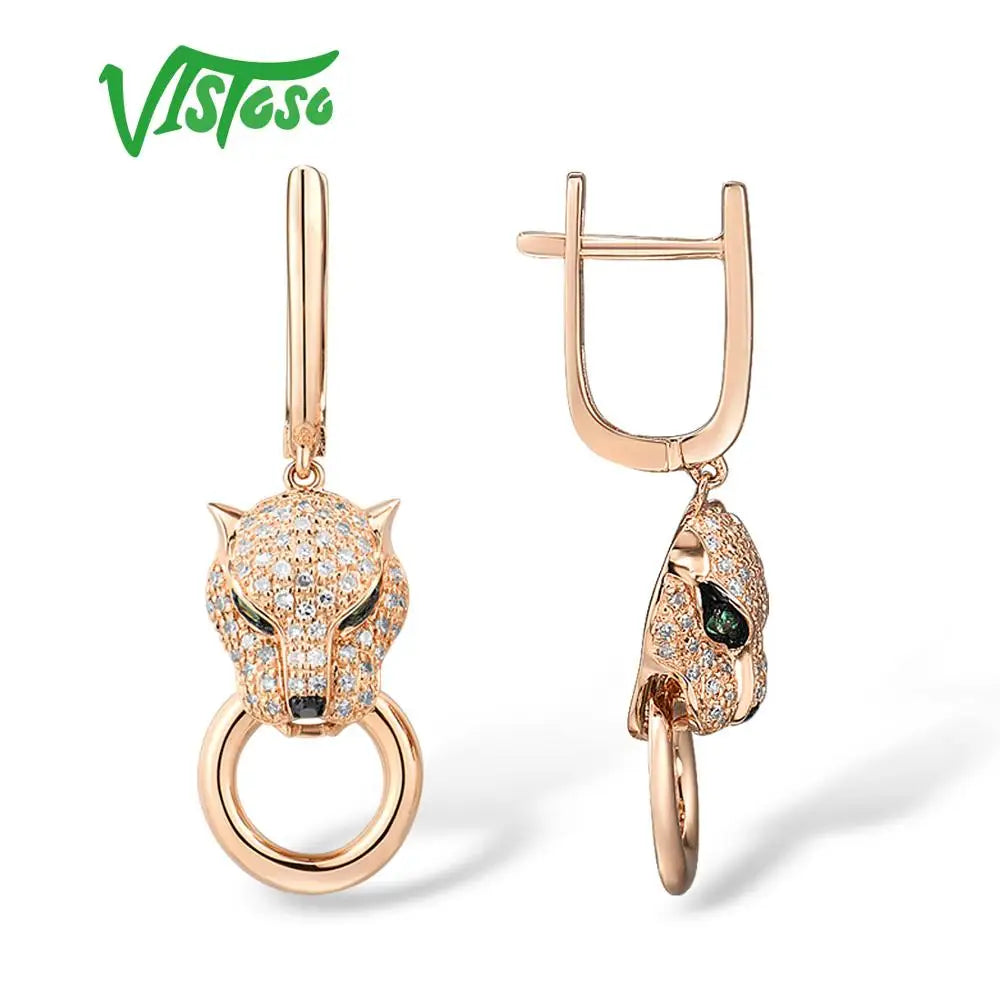VISTOSO Gold Earrings For Women Genuine 14K 585 Rose Gold Leopard Earrings Emerald Sparkling Diamond Engagement Fine Jewelry