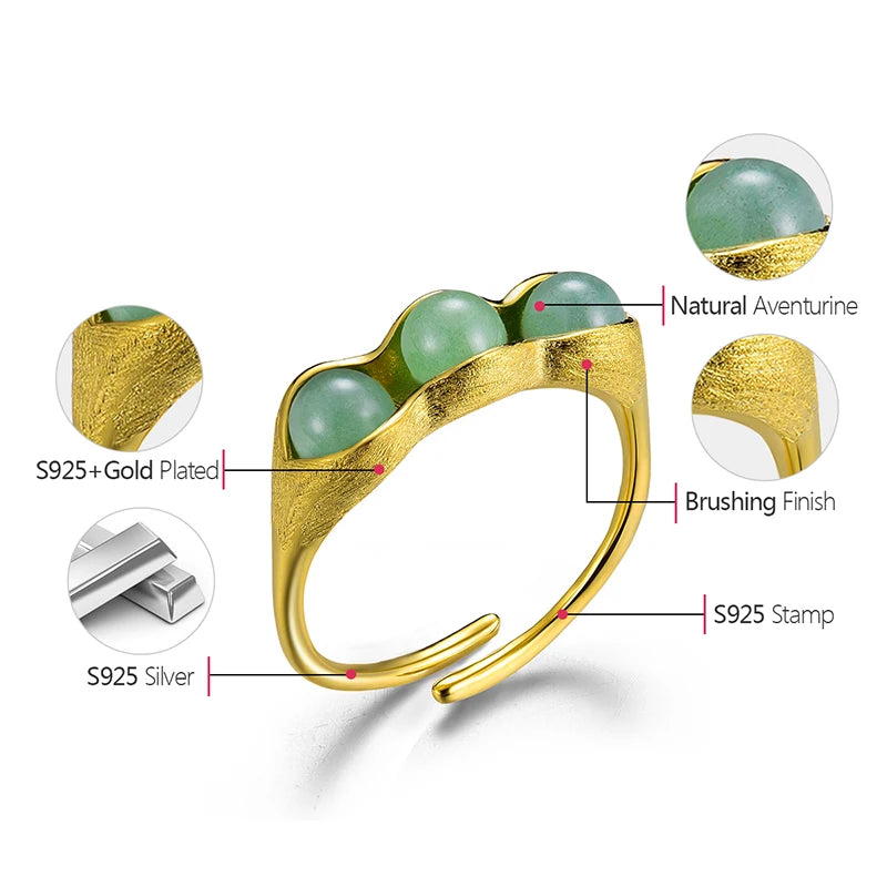 Lotus Fun Real 925 Sterling Silver 18K Gold Ring Handmade Fine Jewelry Natural Stones Creative Pea Pods Design Rings For Women