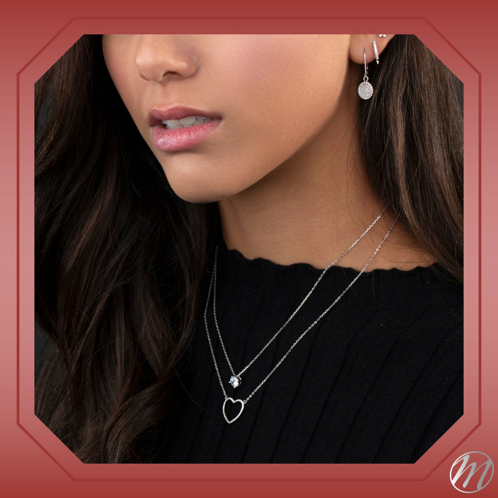 Sterling Silver Necklace Pendant for Girls Large Open Heart with Simulated Diamonds 17.5"